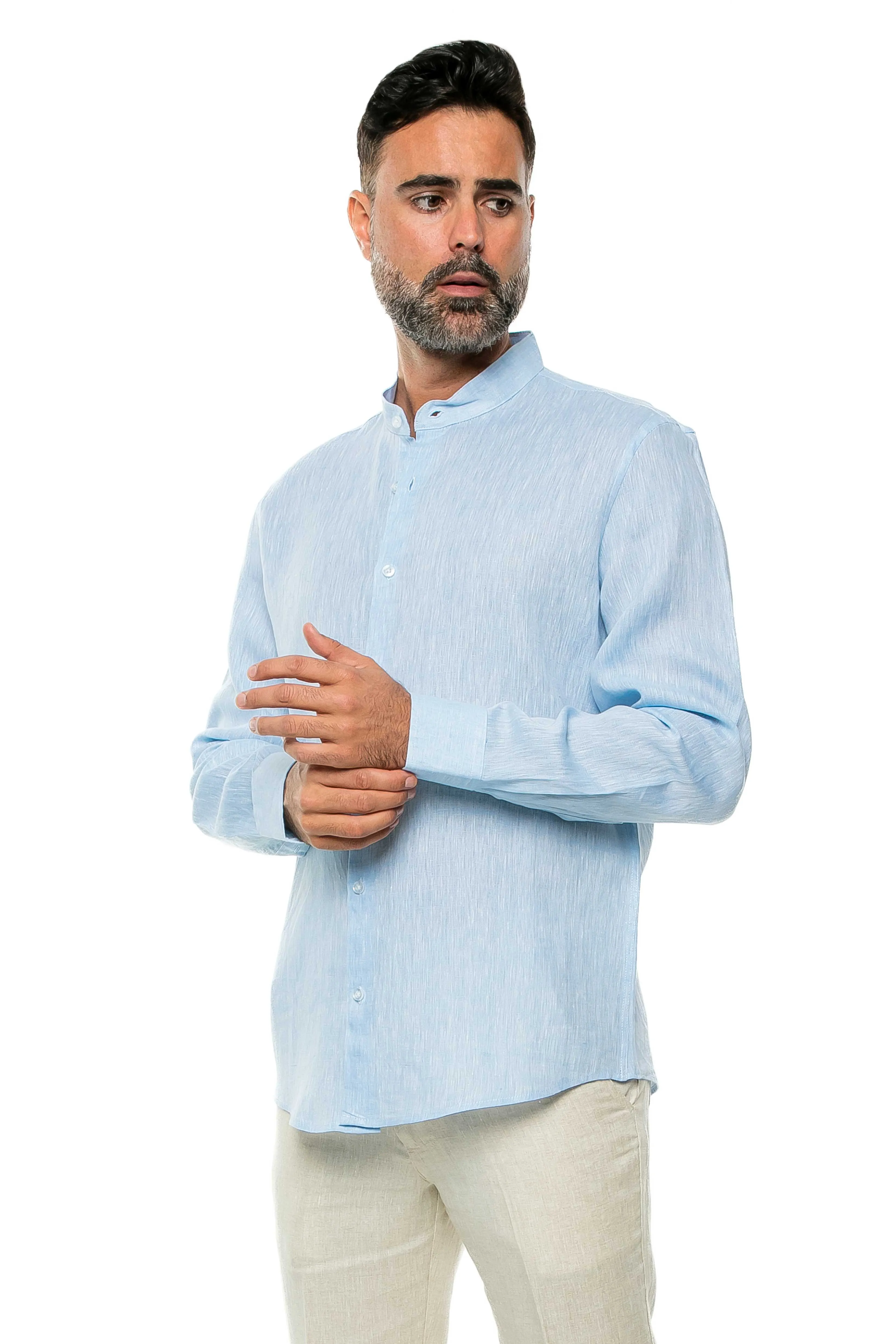 100% Linen Yarn Dyed Mandarin Collar Long Sleeve Shirt