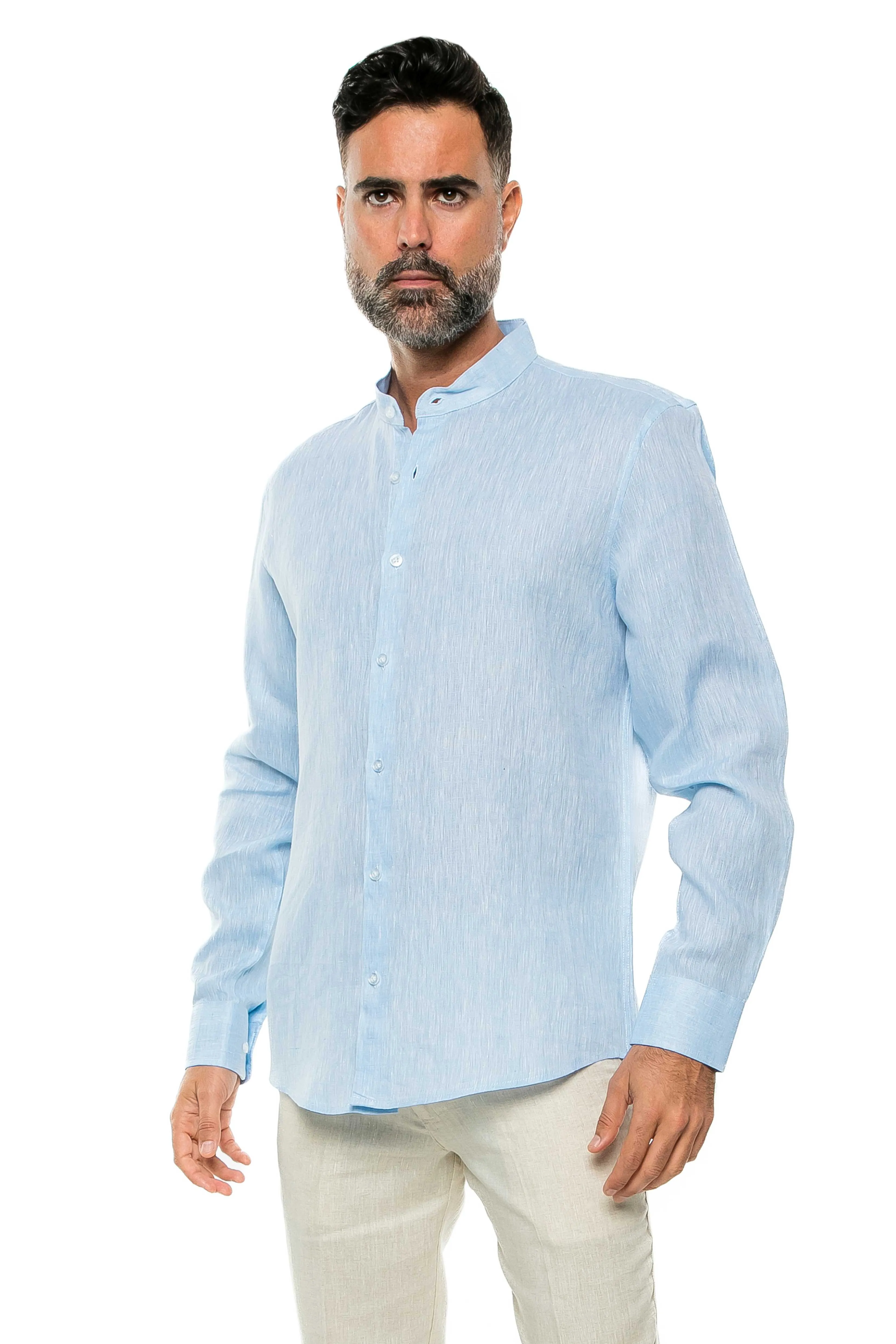 100% Linen Yarn Dyed Mandarin Collar Long Sleeve Shirt