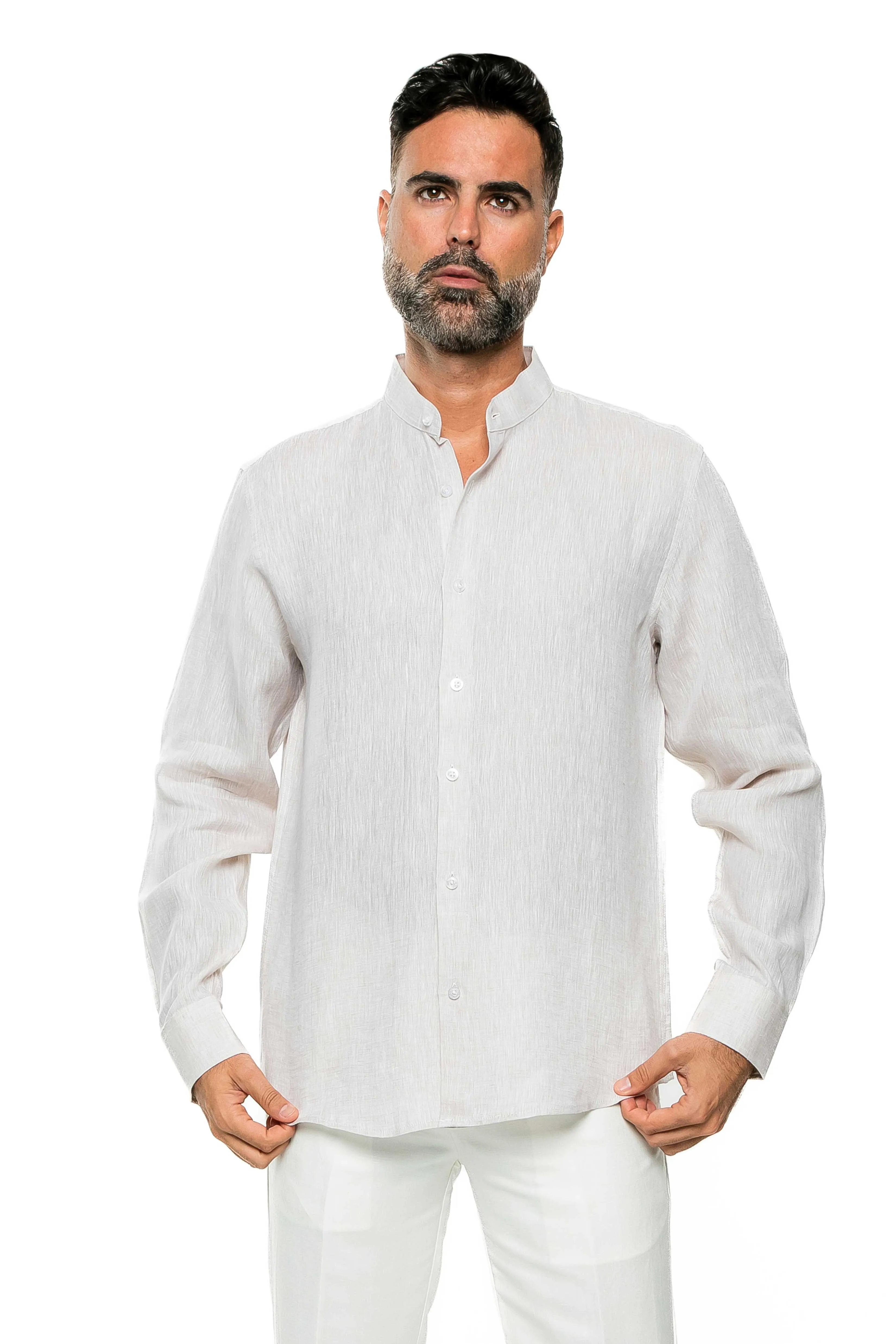 100% Linen Yarn Dyed Mandarin Collar Long Sleeve Shirt