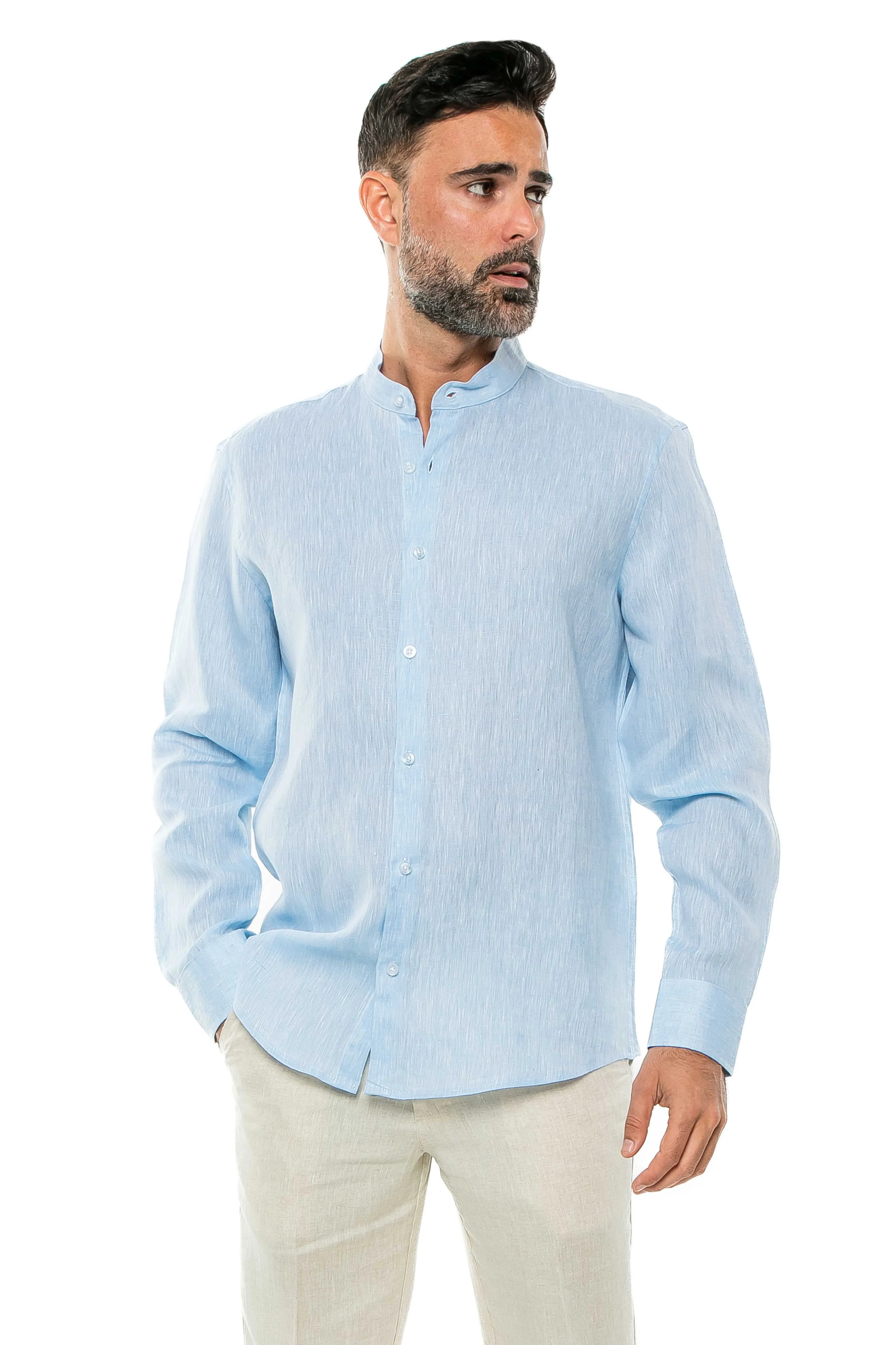 100% Linen Yarn Dyed Mandarin Collar Long Sleeve Shirt