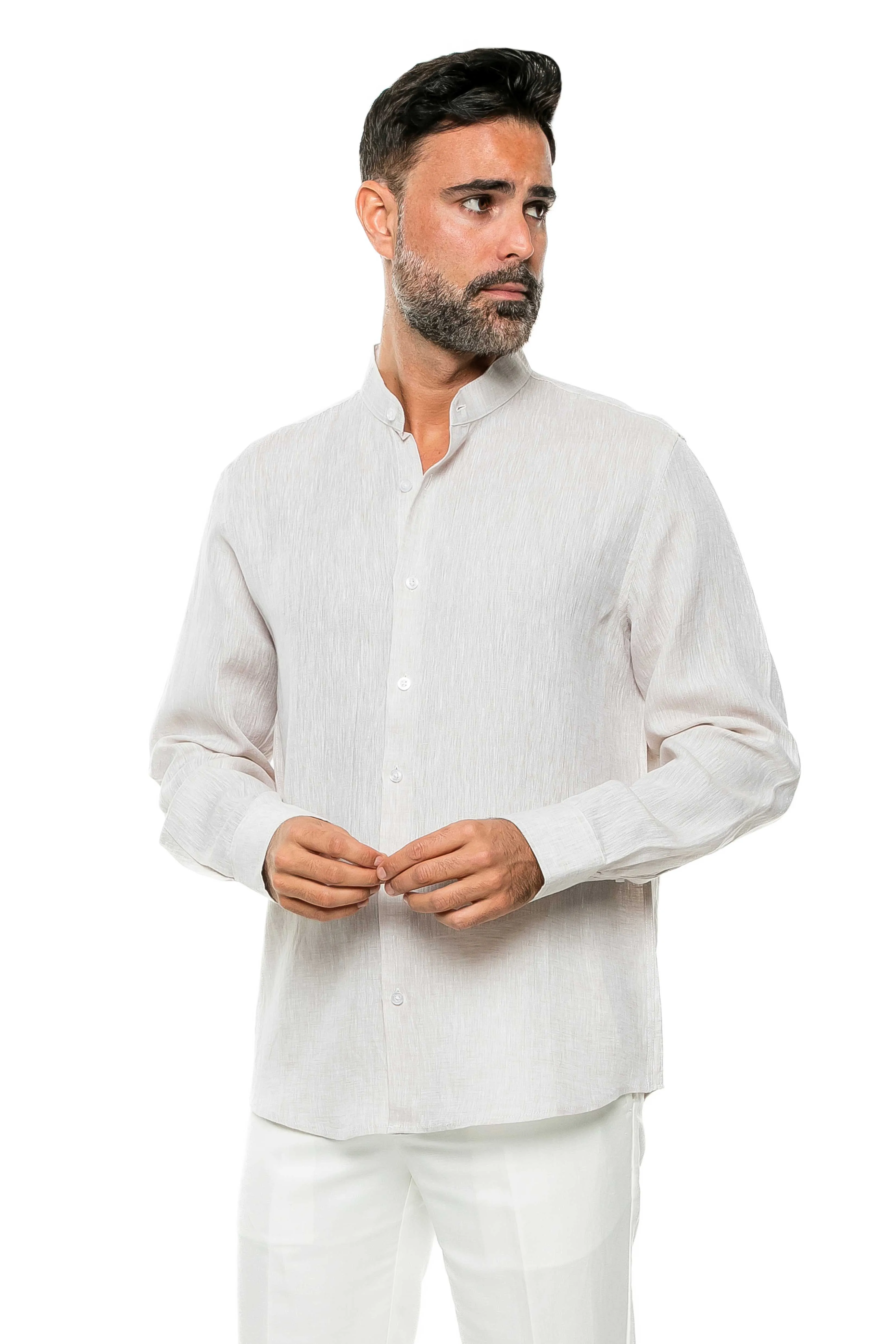 100% Linen Yarn Dyed Mandarin Collar Long Sleeve Shirt