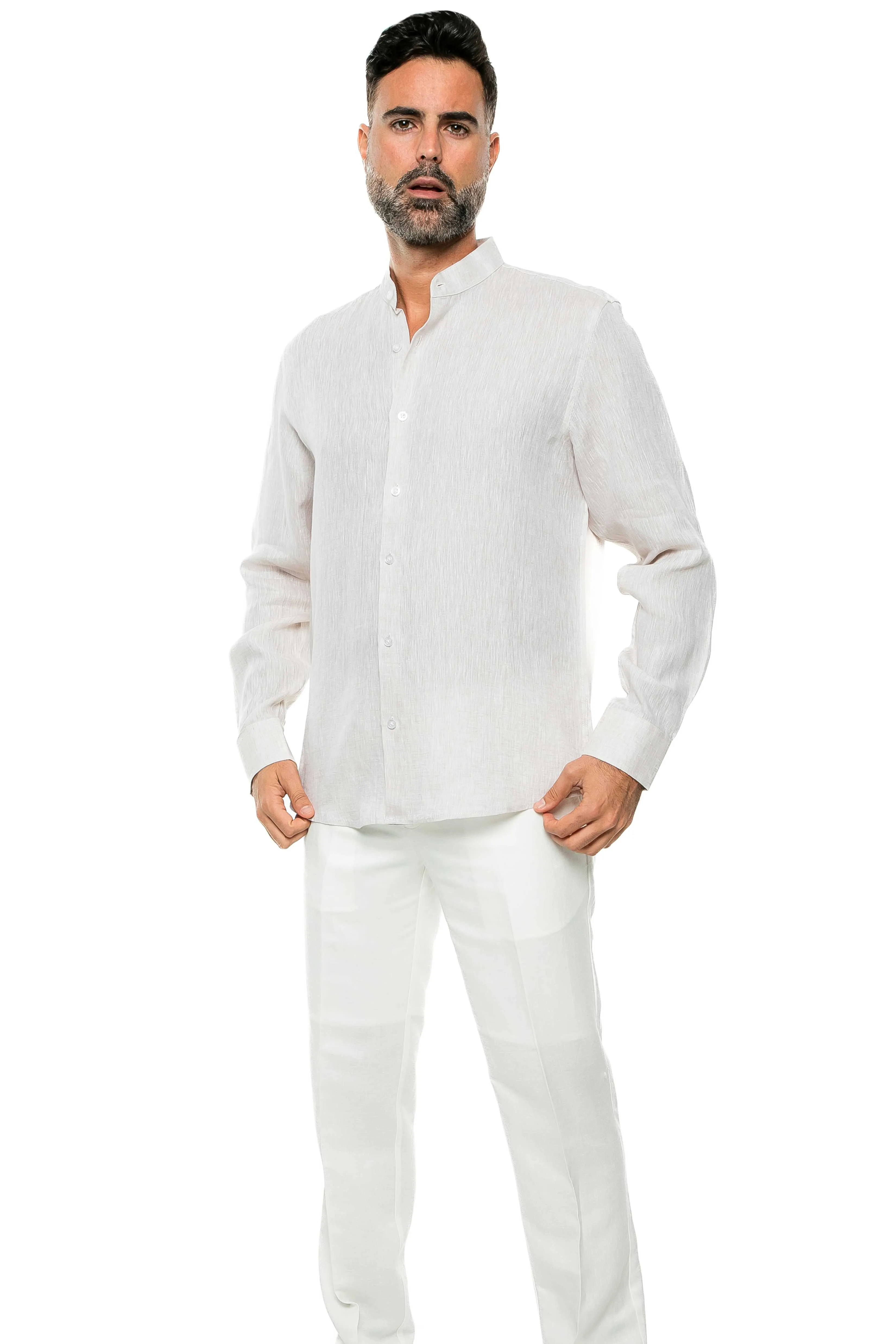 100% Linen Yarn Dyed Mandarin Collar Long Sleeve Shirt