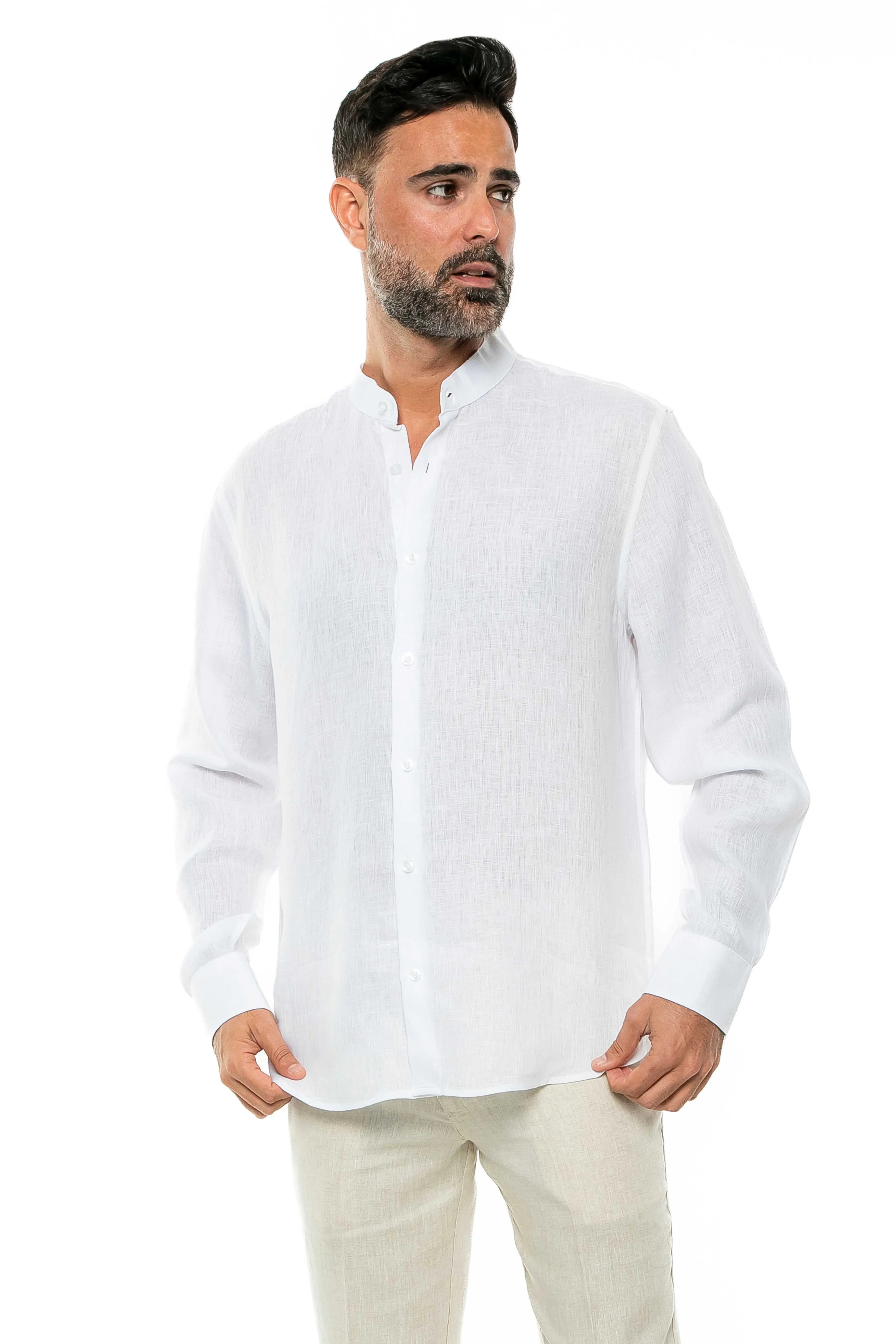 100% Linen Yarn Dyed Mandarin Collar Long Sleeve Shirt