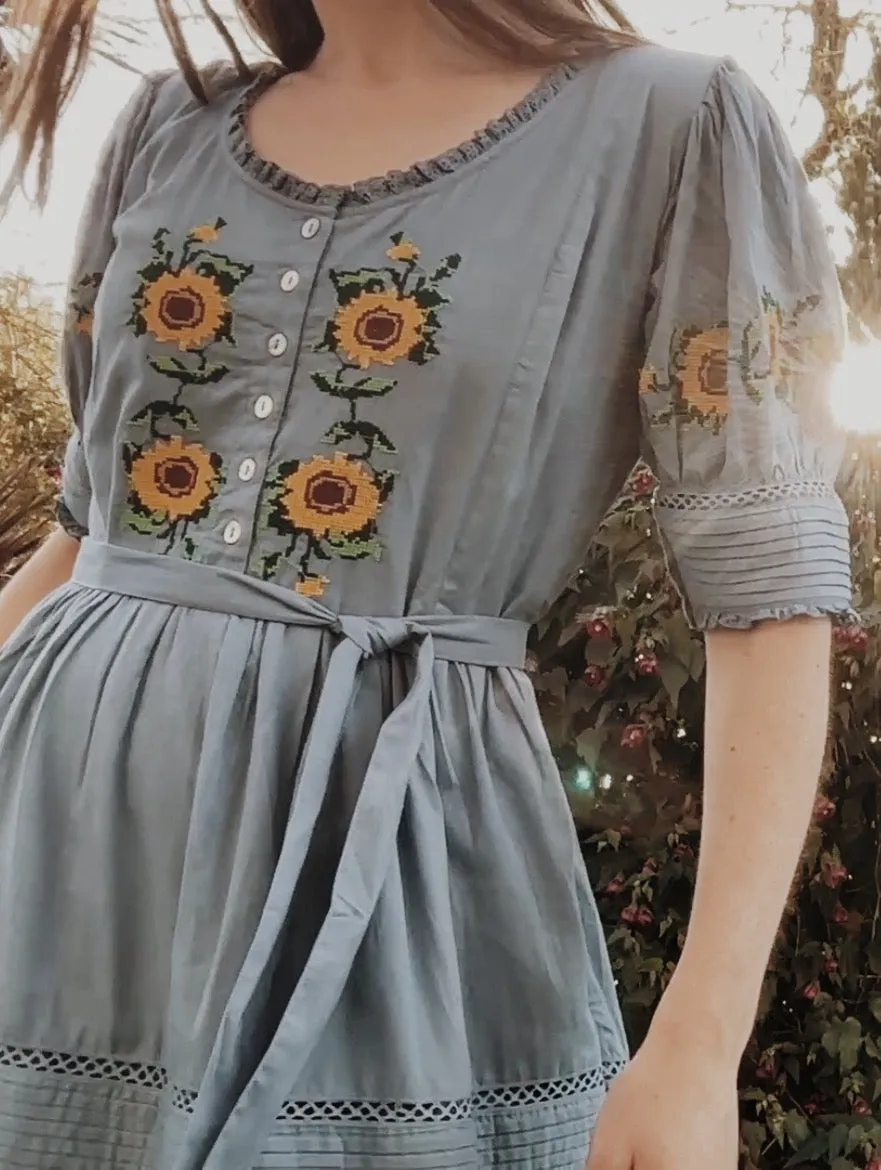 100% RECYCLED COTTON - FAUSTINE DRESS SUNFLOWER CROSS STITCH