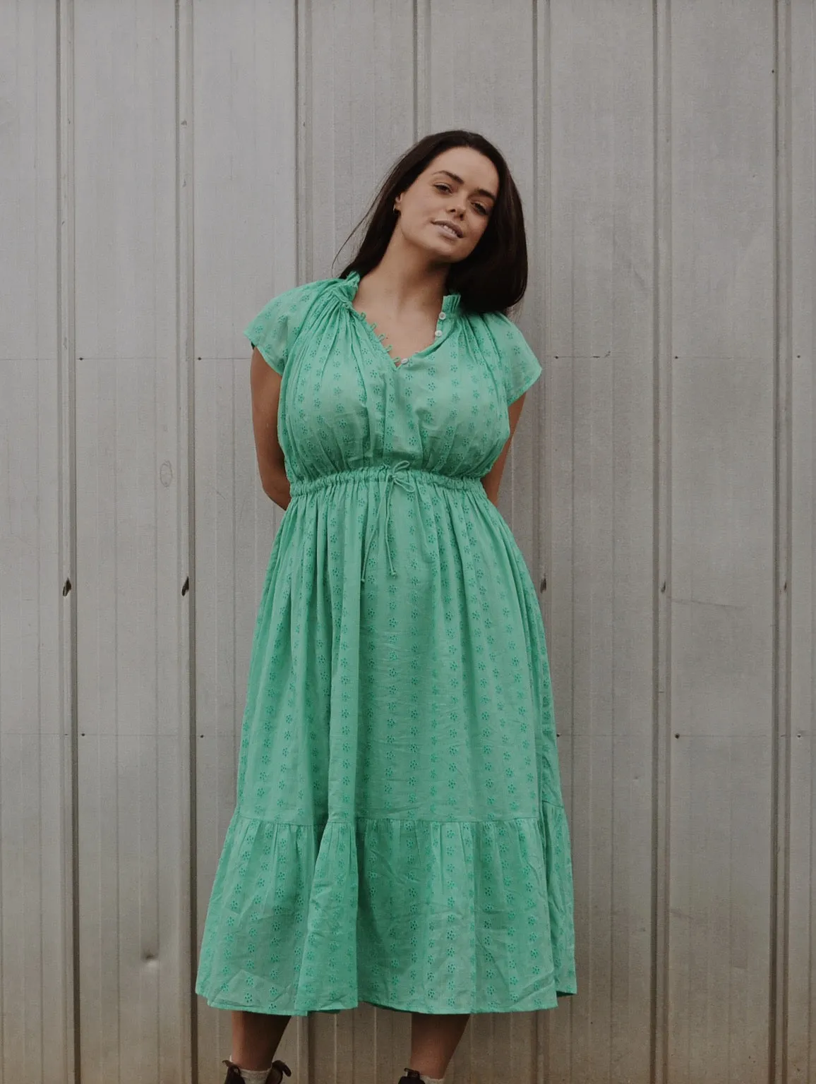 100% RECYCLED COTTON - ISABEL DRESS JADE GREEN COTTON LACE