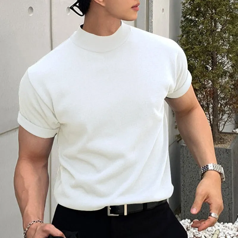 2023 New Men Solid Basic T-Shirt Soft Short Sleeve Turtleneck Tee Shirts Casual Pullover Top Streetwear Korea Style Tshirt 5XL