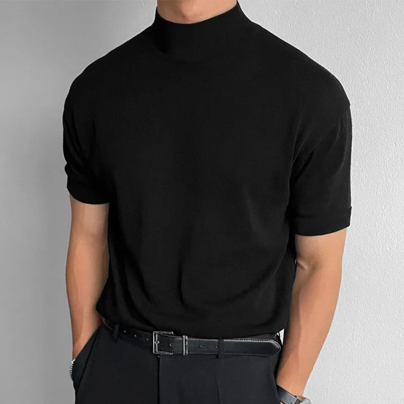 2023 New Men Solid Basic T-Shirt Soft Short Sleeve Turtleneck Tee Shirts Casual Pullover Top Streetwear Korea Style Tshirt 5XL