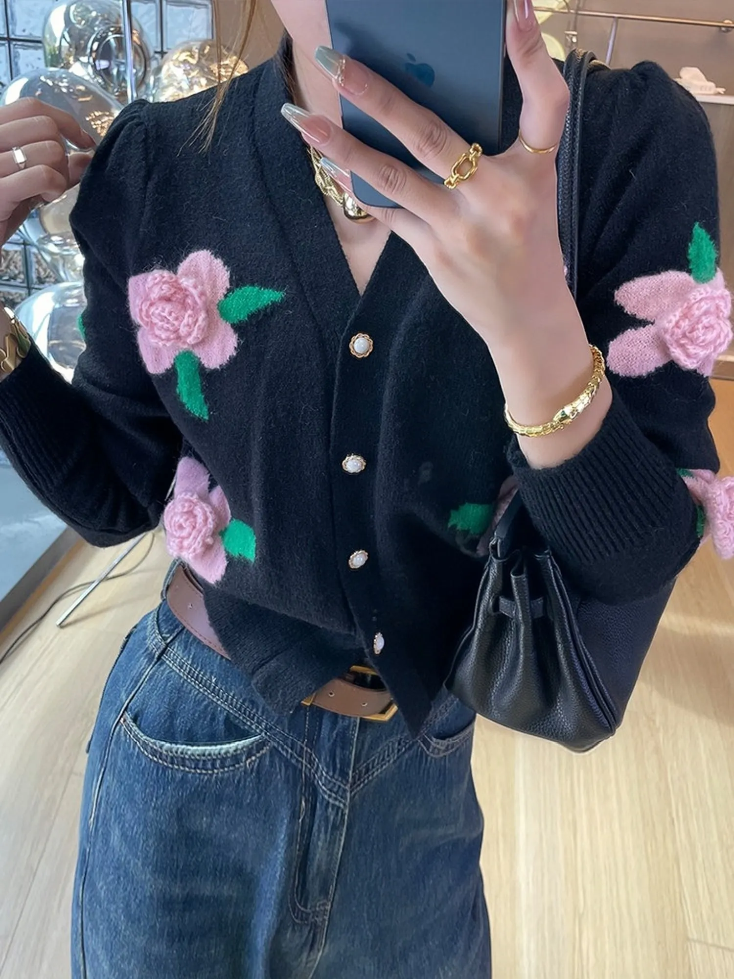 3D Flower V-Neck Knitted Cardigan SweaterJacket