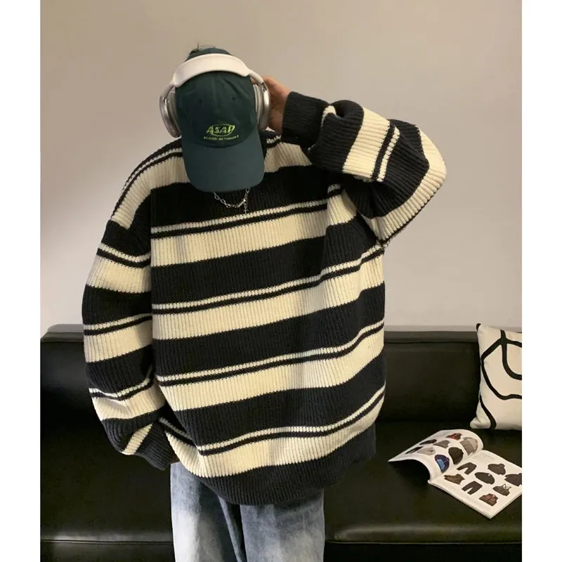 Aidase Striped Men Sweaters Men's Pullovers Harajuku Streetwear Winter New Casual Loose Wool Warm Knited Turtleneck Pullovers Top 3XL