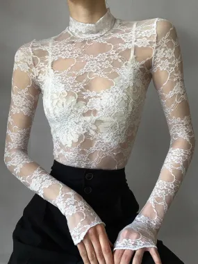 Aiertu Basic Solid Lace T Shirt See Through Sexy Slim Turtleneck Long Sleeve Tees Women Spring Summer Elegant Fashion Lady