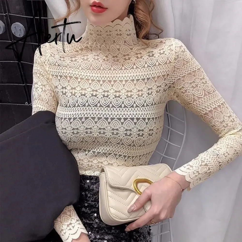 Aiertu Fashion Floral Embroidery Lace Blouses Women Spring Summer Sexy See-through Streetwear Tops Ladies Casual Long Sleeve shirts