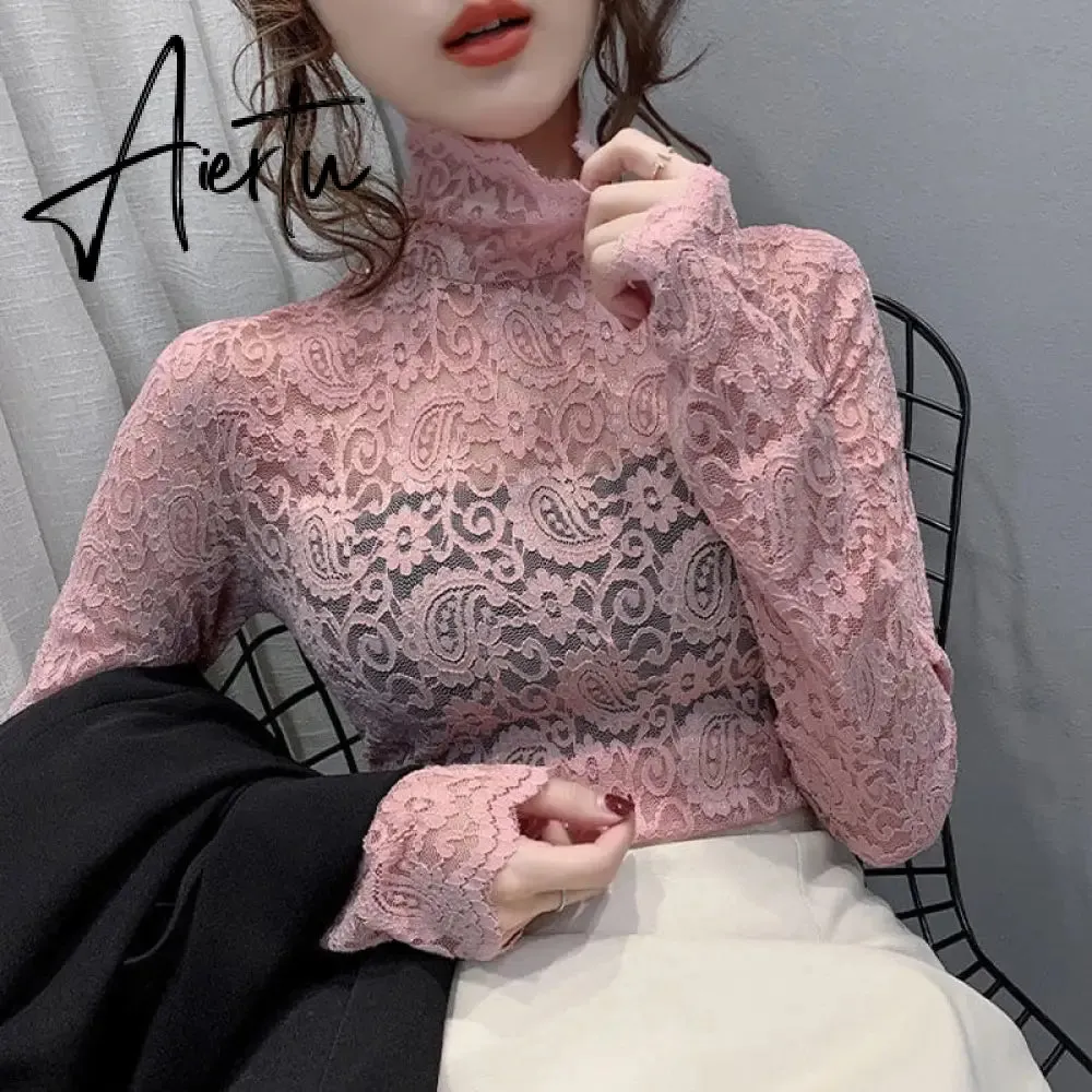 Aiertu Fashion Floral Embroidery Lace Blouses Women Spring Summer Sexy See-through Streetwear Tops Ladies Casual Long Sleeve shirts