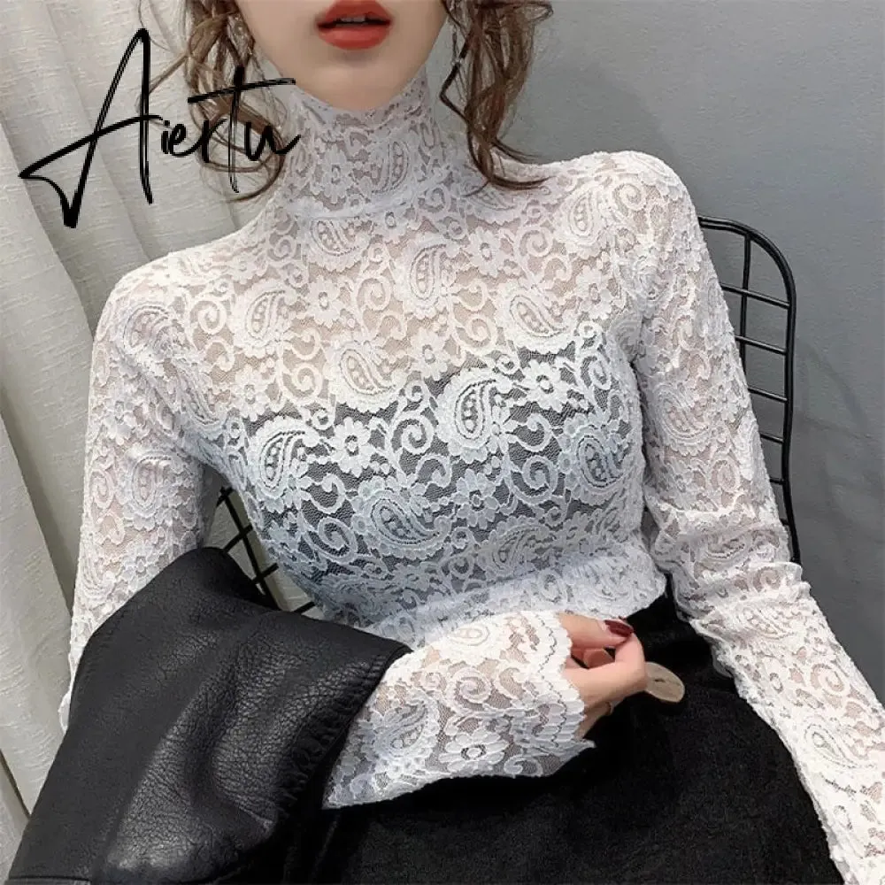 Aiertu Fashion Floral Embroidery Lace Blouses Women Spring Summer Sexy See-through Streetwear Tops Ladies Casual Long Sleeve shirts