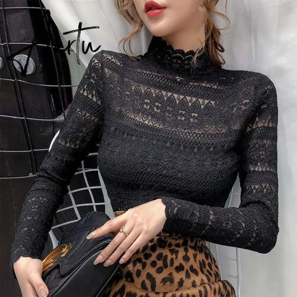 Aiertu Fashion Floral Embroidery Lace Blouses Women Spring Summer Sexy See-through Streetwear Tops Ladies Casual Long Sleeve shirts