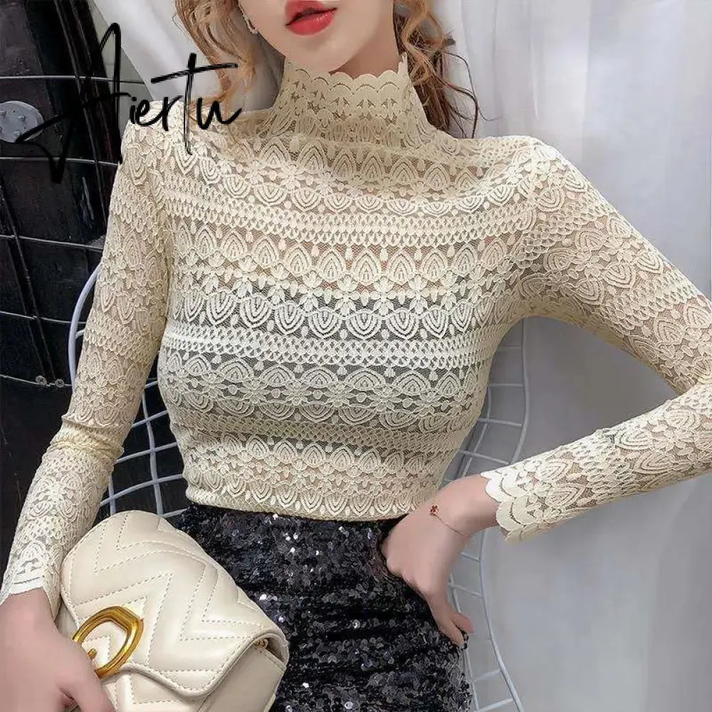 Aiertu Fashion Floral Embroidery Lace Blouses Women Spring Summer Sexy See-through Streetwear Tops Ladies Casual Long Sleeve shirts