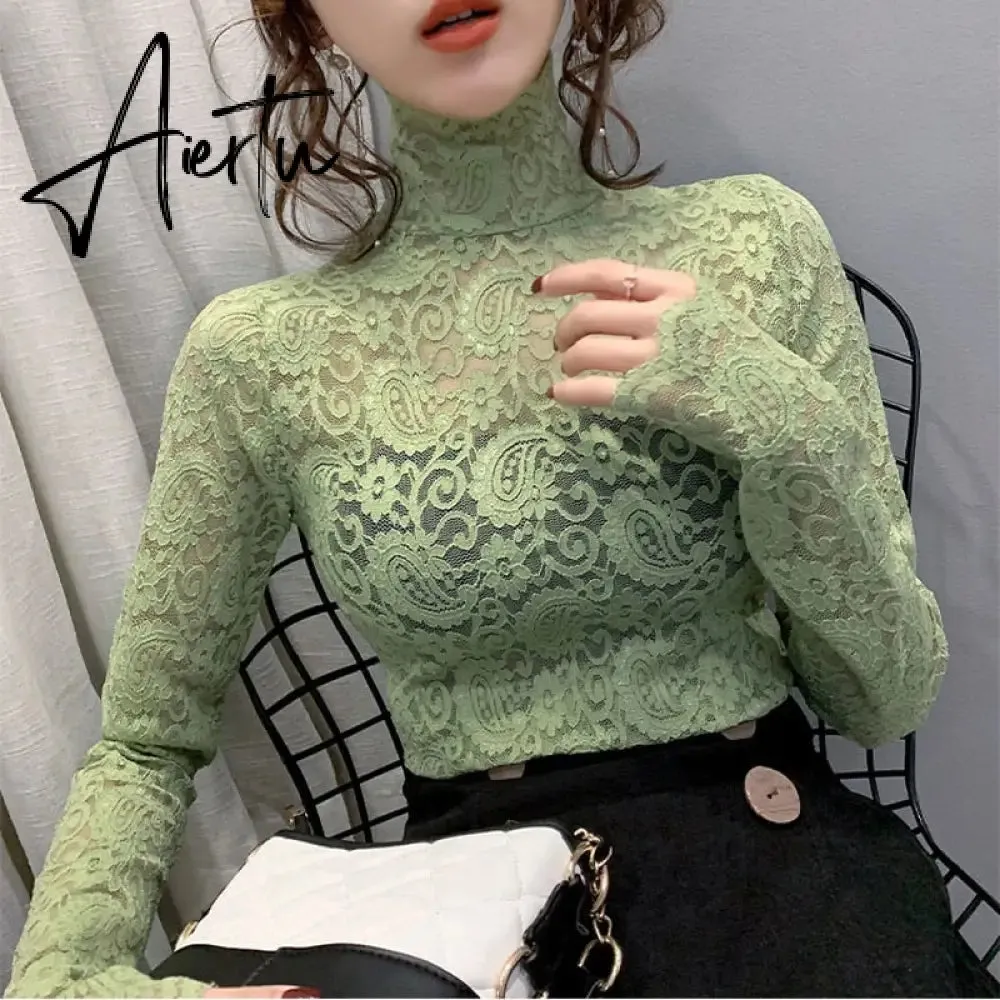 Aiertu Fashion Floral Embroidery Lace Blouses Women Spring Summer Sexy See-through Streetwear Tops Ladies Casual Long Sleeve shirts