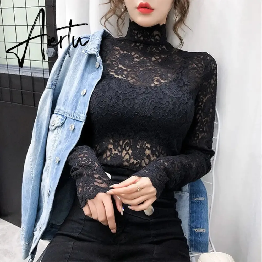 Aiertu Fashion Floral Embroidery Lace Blouses Women Spring Summer Sexy See-through Streetwear Tops Ladies Casual Long Sleeve shirts