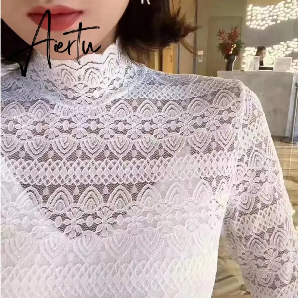 Aiertu Fashion Floral Embroidery Lace Blouses Women Spring Summer Sexy See-through Streetwear Tops Ladies Casual Long Sleeve shirts