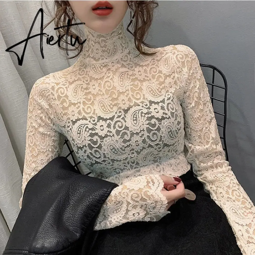 Aiertu Fashion Floral Embroidery Lace Blouses Women Spring Summer Sexy See-through Streetwear Tops Ladies Casual Long Sleeve shirts