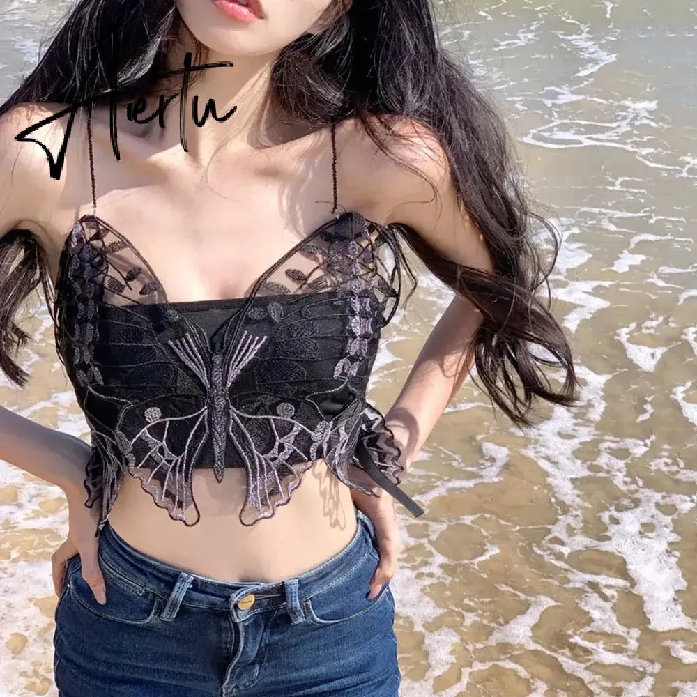 Aiertu Korean Black Y2k Crop Top Lace Butterfly Embroidery Camis Gothic Style Fairy Grunge Tank Tops  New Fashion Summer Streetwear