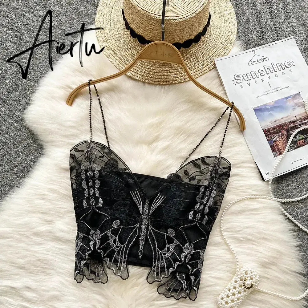 Aiertu Korean Black Y2k Crop Top Lace Butterfly Embroidery Camis Gothic Style Fairy Grunge Tank Tops  New Fashion Summer Streetwear