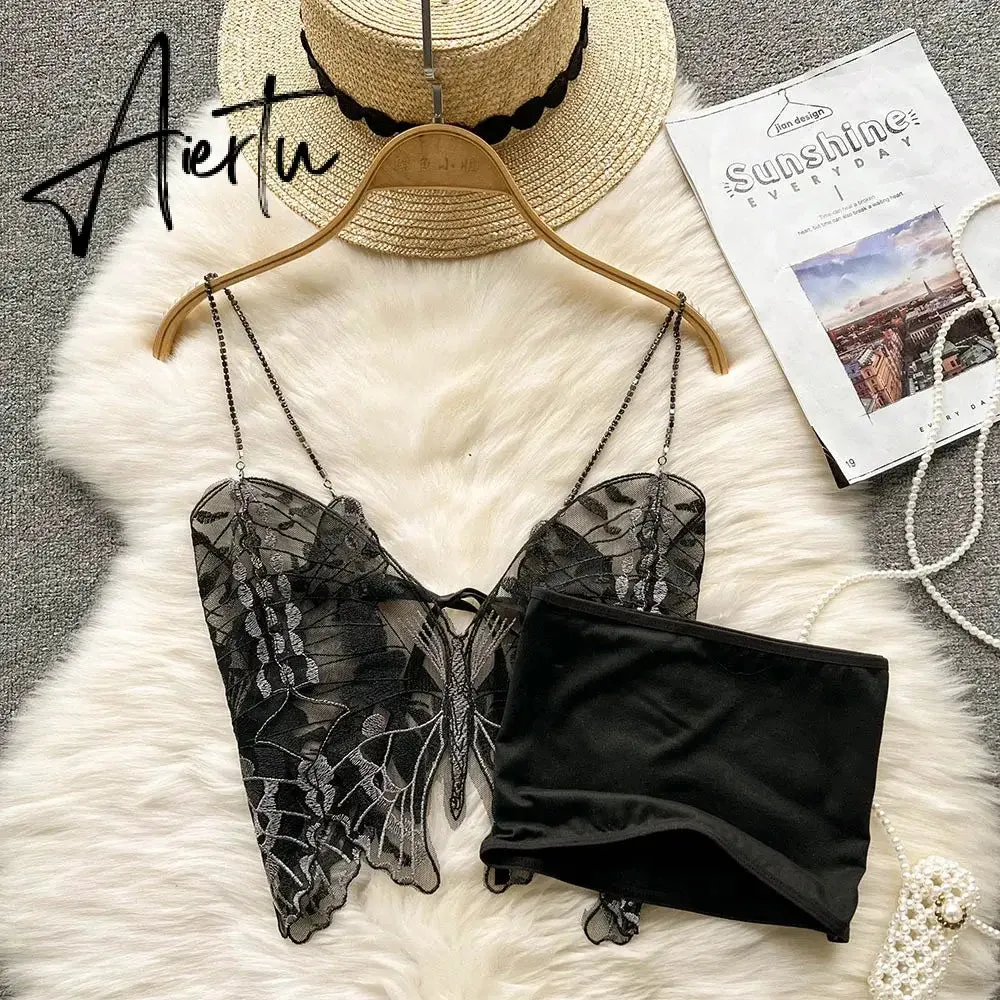 Aiertu Korean Black Y2k Crop Top Lace Butterfly Embroidery Camis Gothic Style Fairy Grunge Tank Tops  New Fashion Summer Streetwear