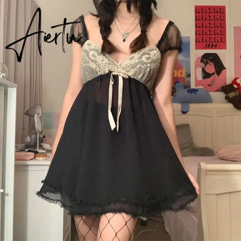 Aiertu Patchwork Lace Cute Y2K Chiffon Dresses Women Square Collar Elegant Grunge Fairycore Clothes Ruffles Short A Line Dress