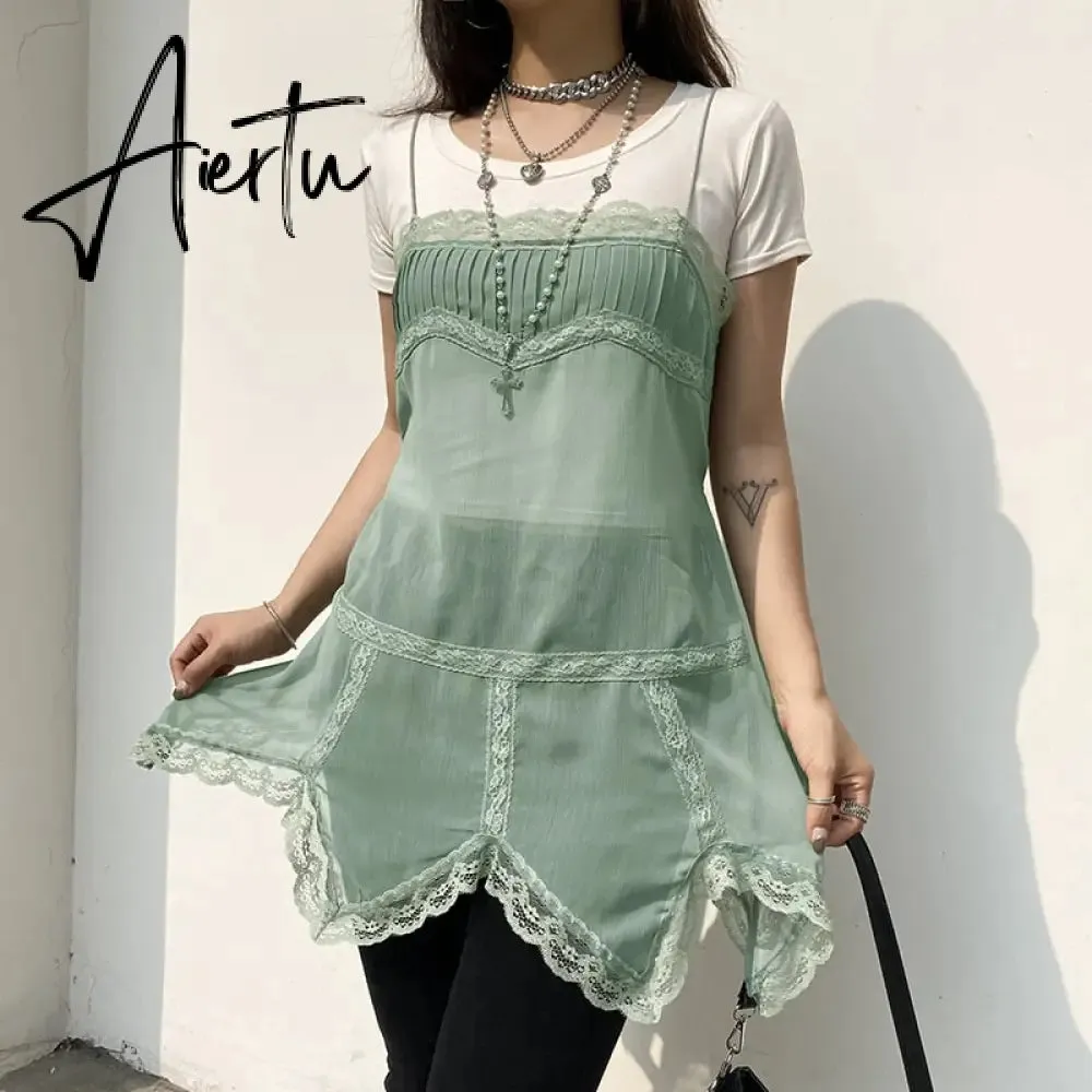 Aiertu Patchwork Lace Cute Y2K Chiffon Dresses Women Square Collar Elegant Grunge Fairycore Clothes Ruffles Short A Line Dress