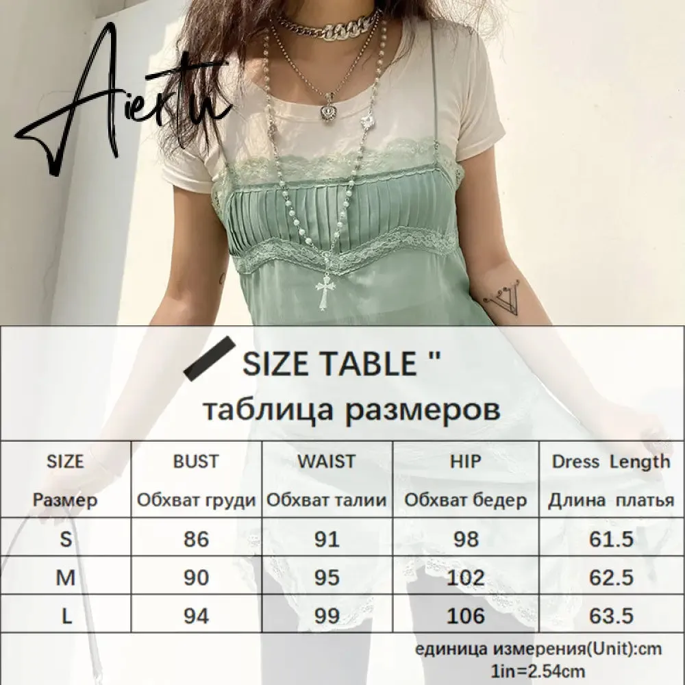 Aiertu Patchwork Lace Cute Y2K Chiffon Dresses Women Square Collar Elegant Grunge Fairycore Clothes Ruffles Short A Line Dress