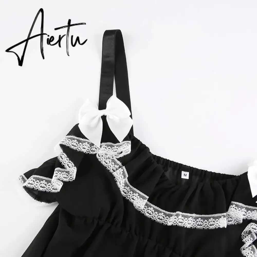 Aiertu Patchwork Lace Cute Y2K Chiffon Dresses Women Square Collar Elegant Grunge Fairycore Clothes Ruffles Short A Line Dress