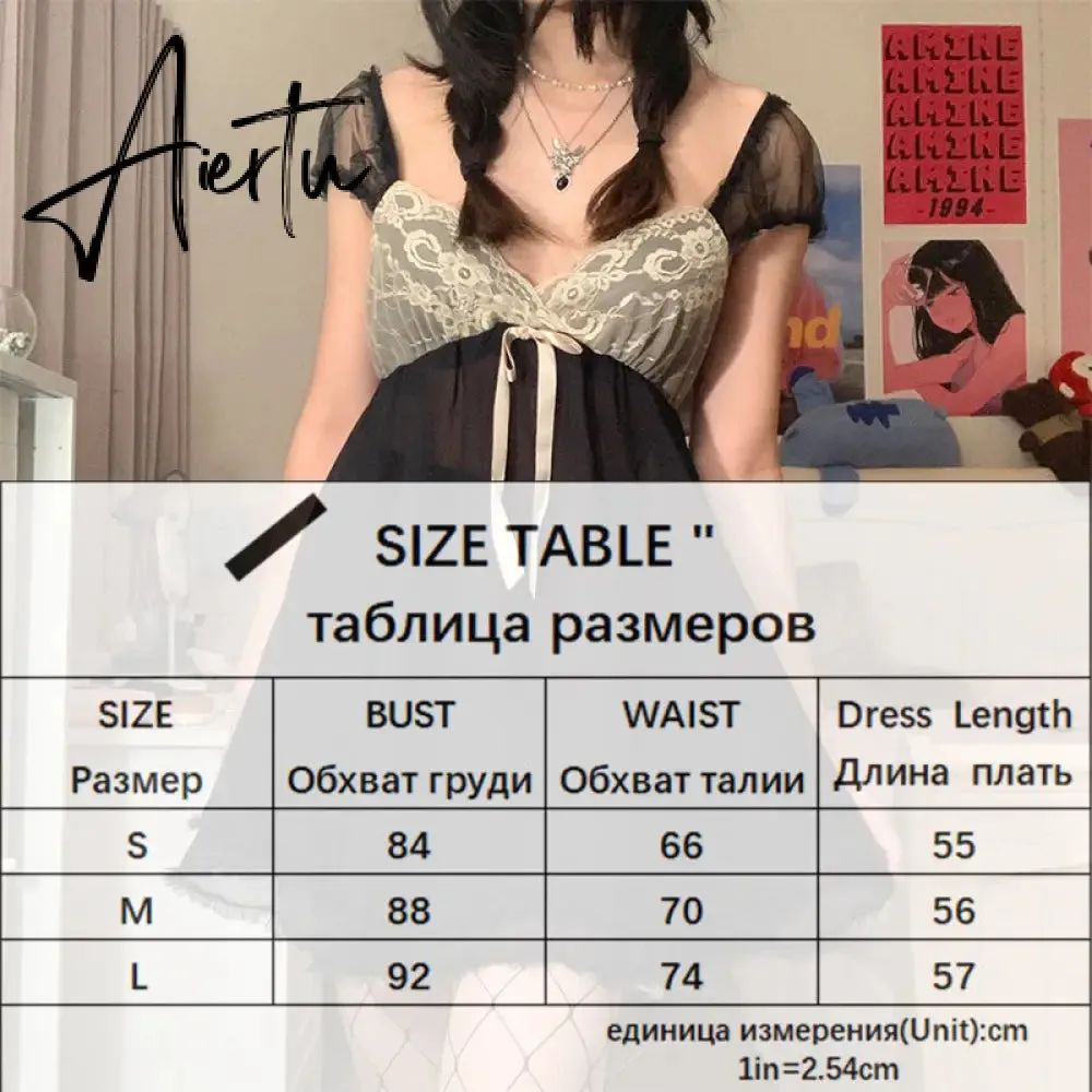 Aiertu Patchwork Lace Cute Y2K Chiffon Dresses Women Square Collar Elegant Grunge Fairycore Clothes Ruffles Short A Line Dress