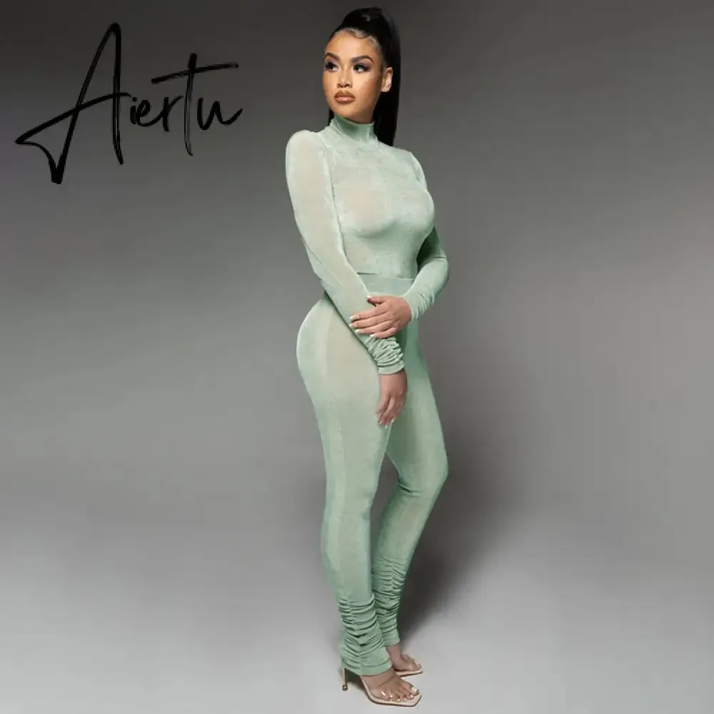 Aiertu  Solid 2 Pcs Set Turtleneck Long Sleeve Bodysuit Slim Leggings New Slim Sports Tracksuit Casual Streetwear Y2K