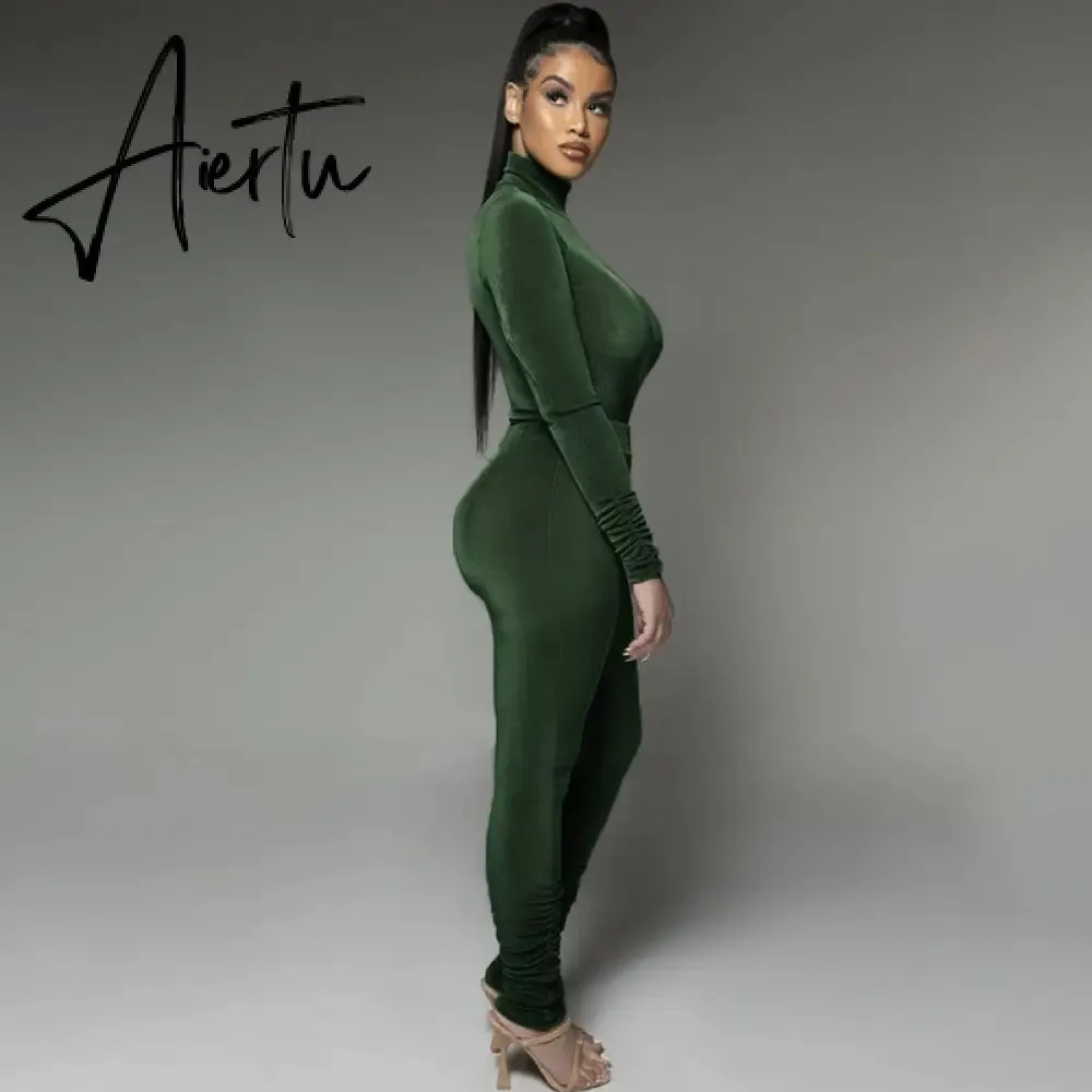 Aiertu  Solid 2 Pcs Set Turtleneck Long Sleeve Bodysuit Slim Leggings New Slim Sports Tracksuit Casual Streetwear Y2K