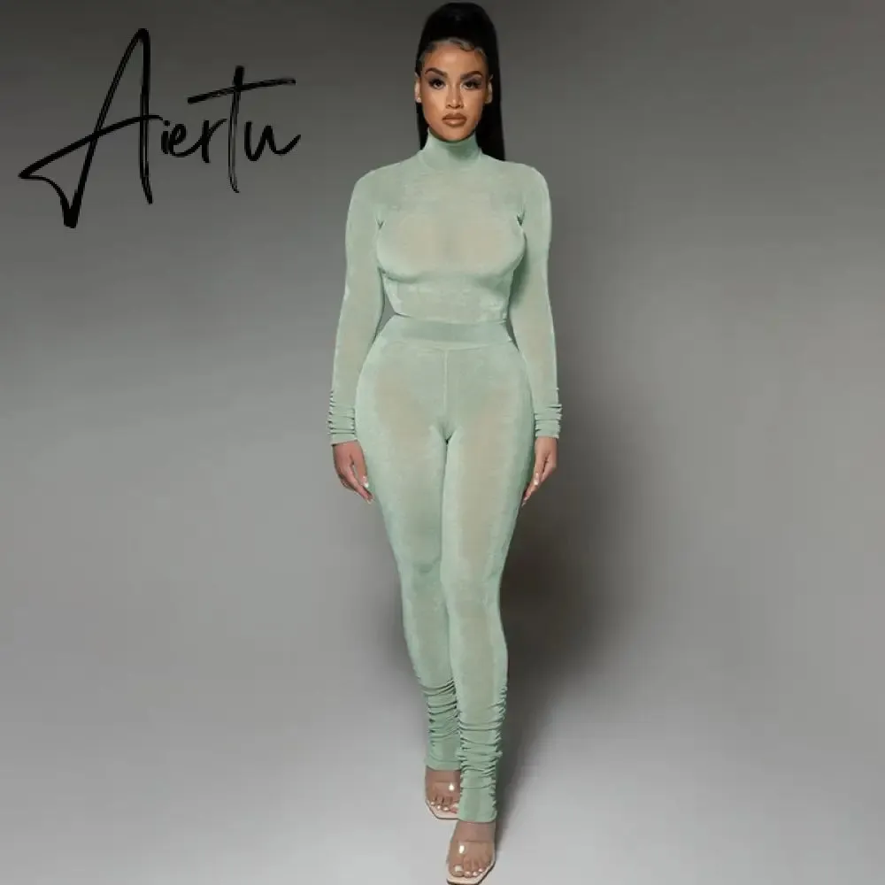 Aiertu  Solid 2 Pcs Set Turtleneck Long Sleeve Bodysuit Slim Leggings New Slim Sports Tracksuit Casual Streetwear Y2K