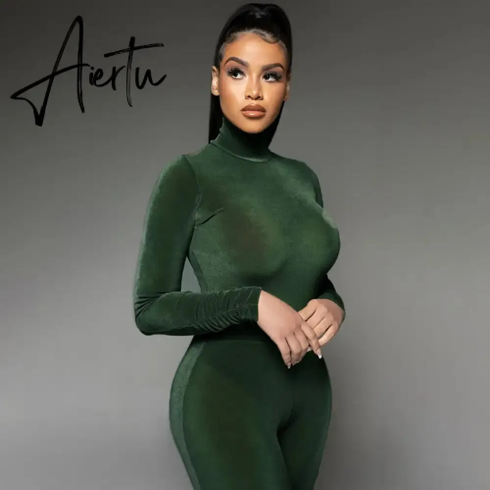 Aiertu  Solid 2 Pcs Set Turtleneck Long Sleeve Bodysuit Slim Leggings New Slim Sports Tracksuit Casual Streetwear Y2K