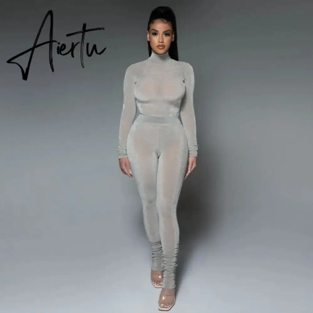 Aiertu  Solid 2 Pcs Set Turtleneck Long Sleeve Bodysuit Slim Leggings New Slim Sports Tracksuit Casual Streetwear Y2K