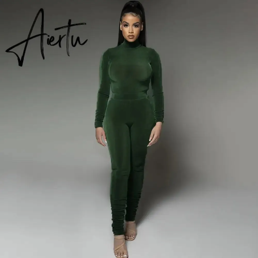 Aiertu  Solid 2 Pcs Set Turtleneck Long Sleeve Bodysuit Slim Leggings New Slim Sports Tracksuit Casual Streetwear Y2K