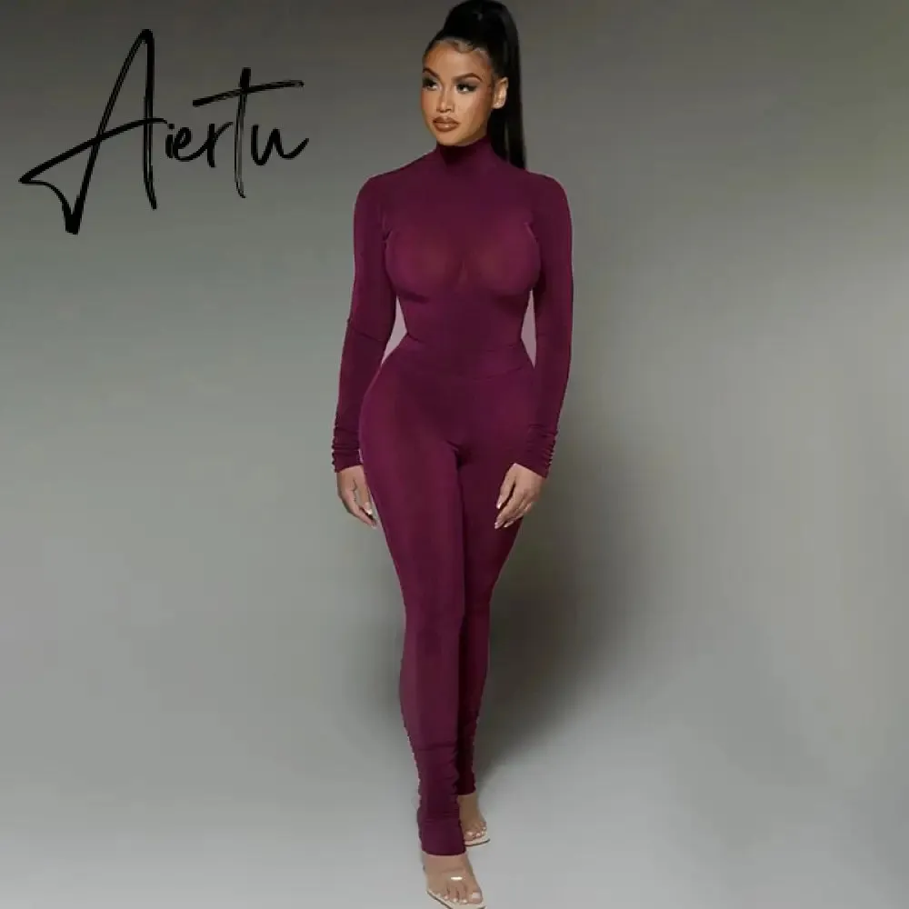 Aiertu  Solid 2 Pcs Set Turtleneck Long Sleeve Bodysuit Slim Leggings New Slim Sports Tracksuit Casual Streetwear Y2K