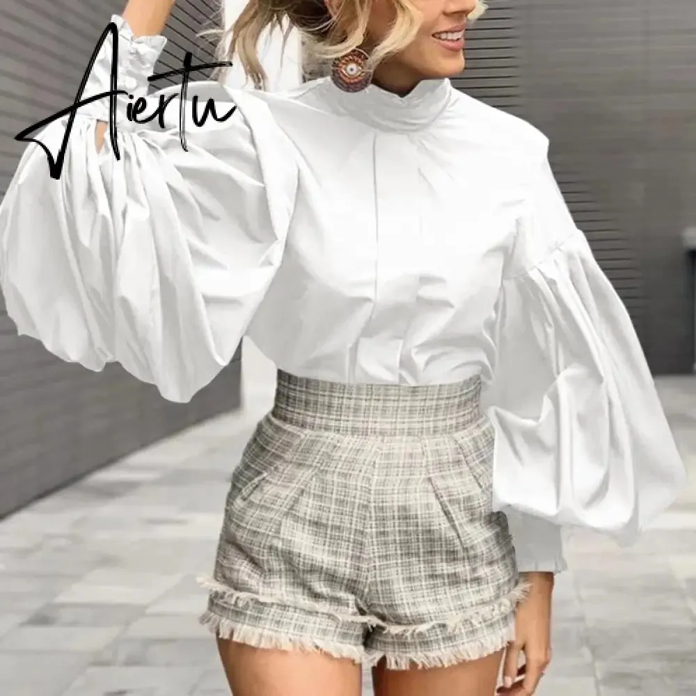 Aiertu Women Big Lantern Sleeve White Shirt Elegant Streetwear Party Blouse Fashion Stand Collar Casual Loose Blusas Tops