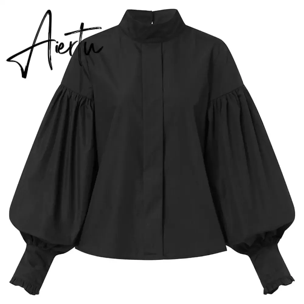 Aiertu Women Big Lantern Sleeve White Shirt Elegant Streetwear Party Blouse Fashion Stand Collar Casual Loose Blusas Tops