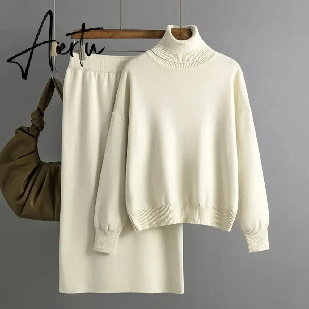 Aiertu  Women Gentle Knitted Suits Turtleneck Long Sleeve Loose Pullover Elastic Waist Bodycon Skirt Winter Fashion Solid Sets