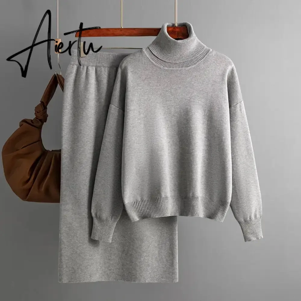 Aiertu  Women Gentle Knitted Suits Turtleneck Long Sleeve Loose Pullover Elastic Waist Bodycon Skirt Winter Fashion Solid Sets