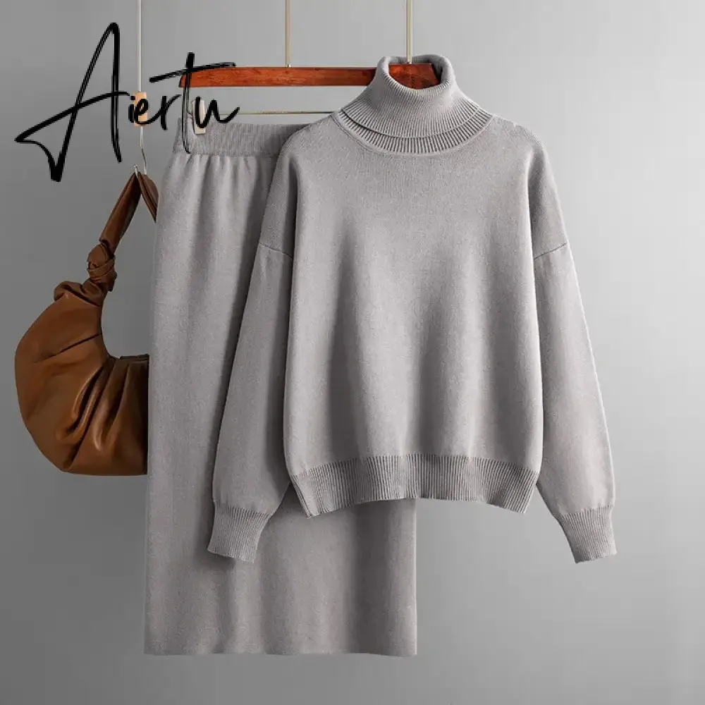 Aiertu  Women Gentle Knitted Suits Turtleneck Long Sleeve Loose Pullover Elastic Waist Bodycon Skirt Winter Fashion Solid Sets