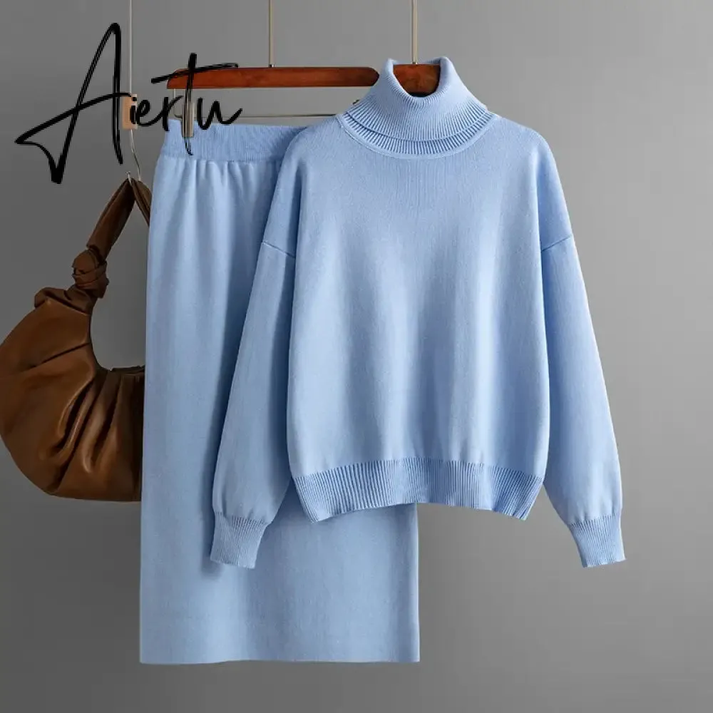 Aiertu  Women Gentle Knitted Suits Turtleneck Long Sleeve Loose Pullover Elastic Waist Bodycon Skirt Winter Fashion Solid Sets