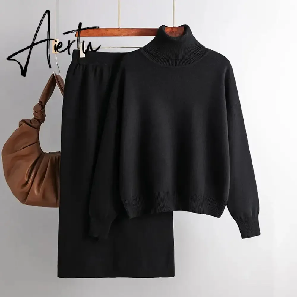 Aiertu  Women Gentle Knitted Suits Turtleneck Long Sleeve Loose Pullover Elastic Waist Bodycon Skirt Winter Fashion Solid Sets