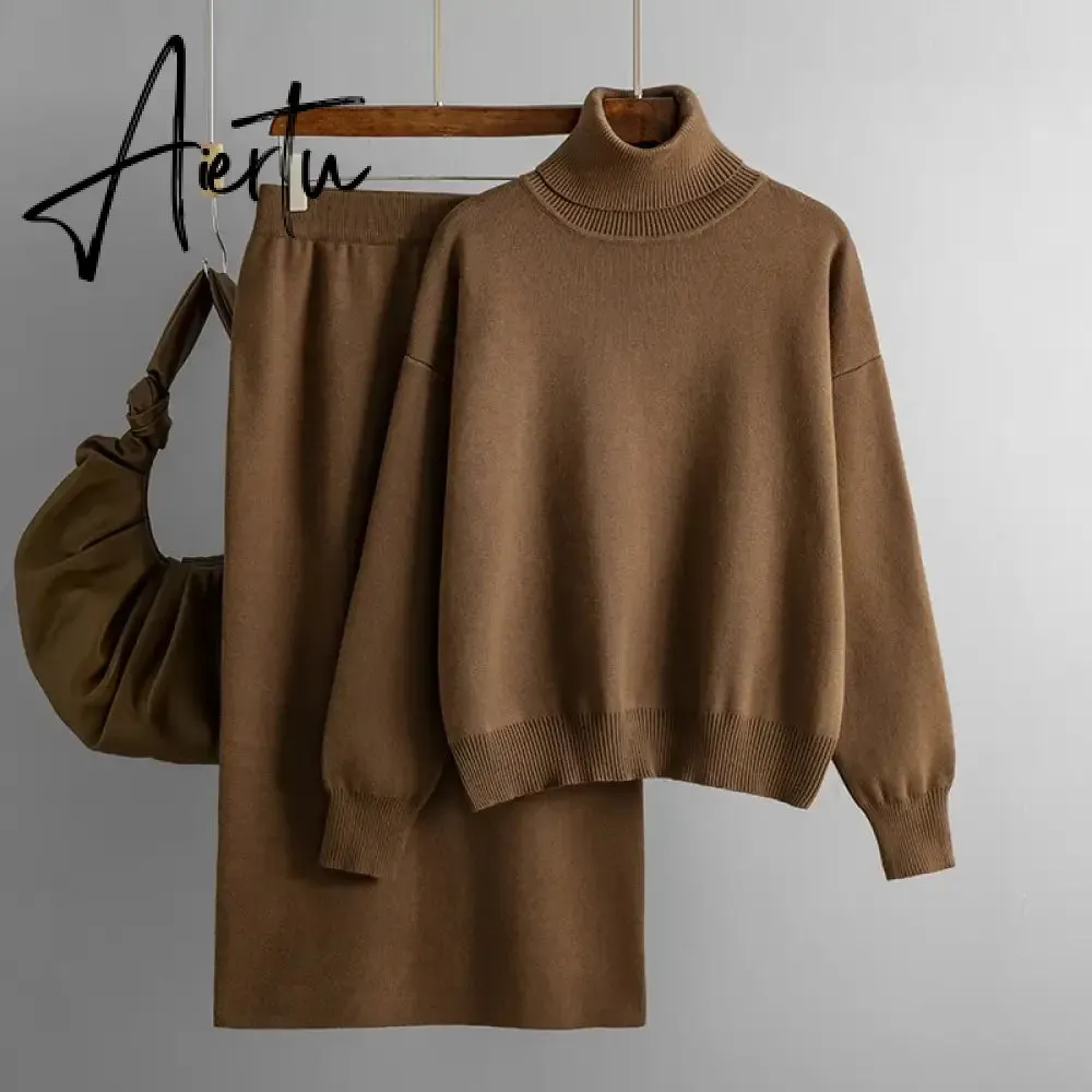 Aiertu  Women Gentle Knitted Suits Turtleneck Long Sleeve Loose Pullover Elastic Waist Bodycon Skirt Winter Fashion Solid Sets