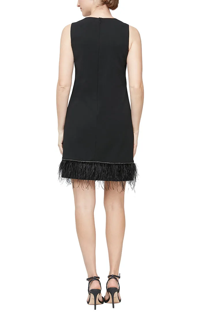 Alex Evenings Crew Neck Sleeveless Embellished Hem Solid Bodycon Stretch Crepe with Ostrich Feather