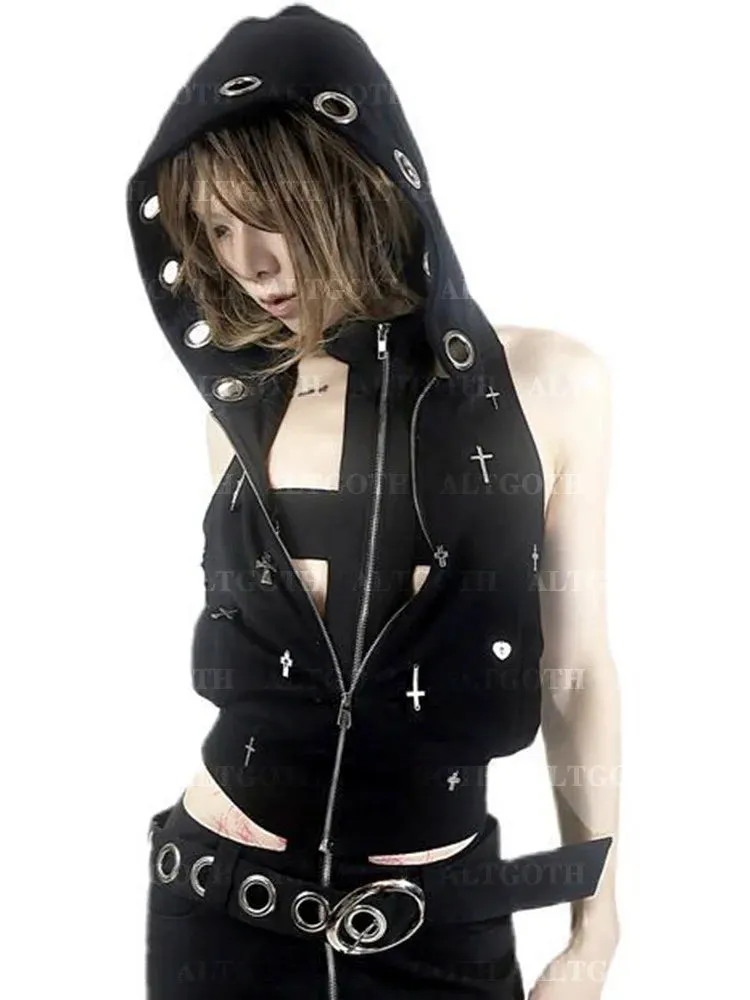 AltGoth Streetwear Gothic Dark Vest Women Harajuku Y2k E-girl Cyberpunk Cross Hooded Crop Tank Top Emo Alt Grunge Outfits Female