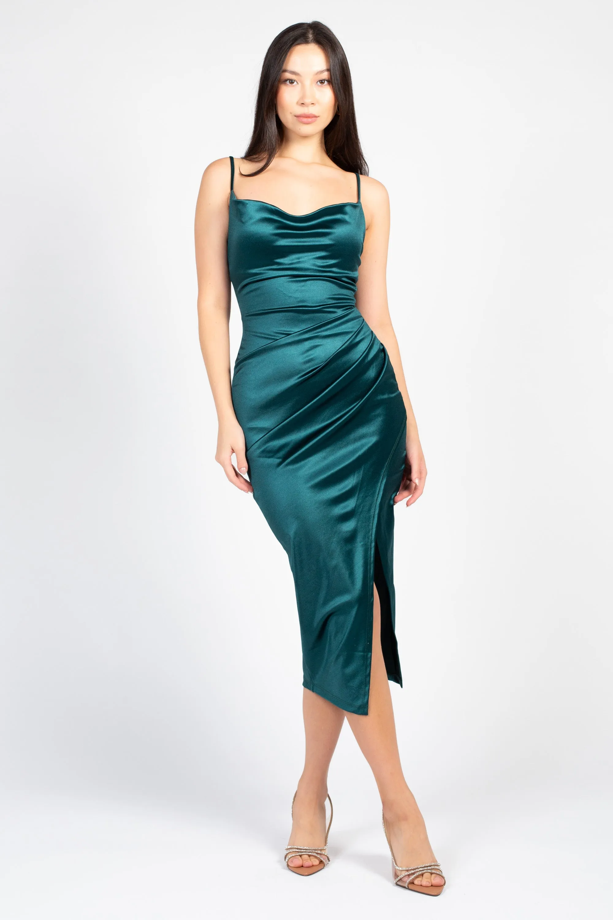 Amaya Side Slit Satin Midi Dress