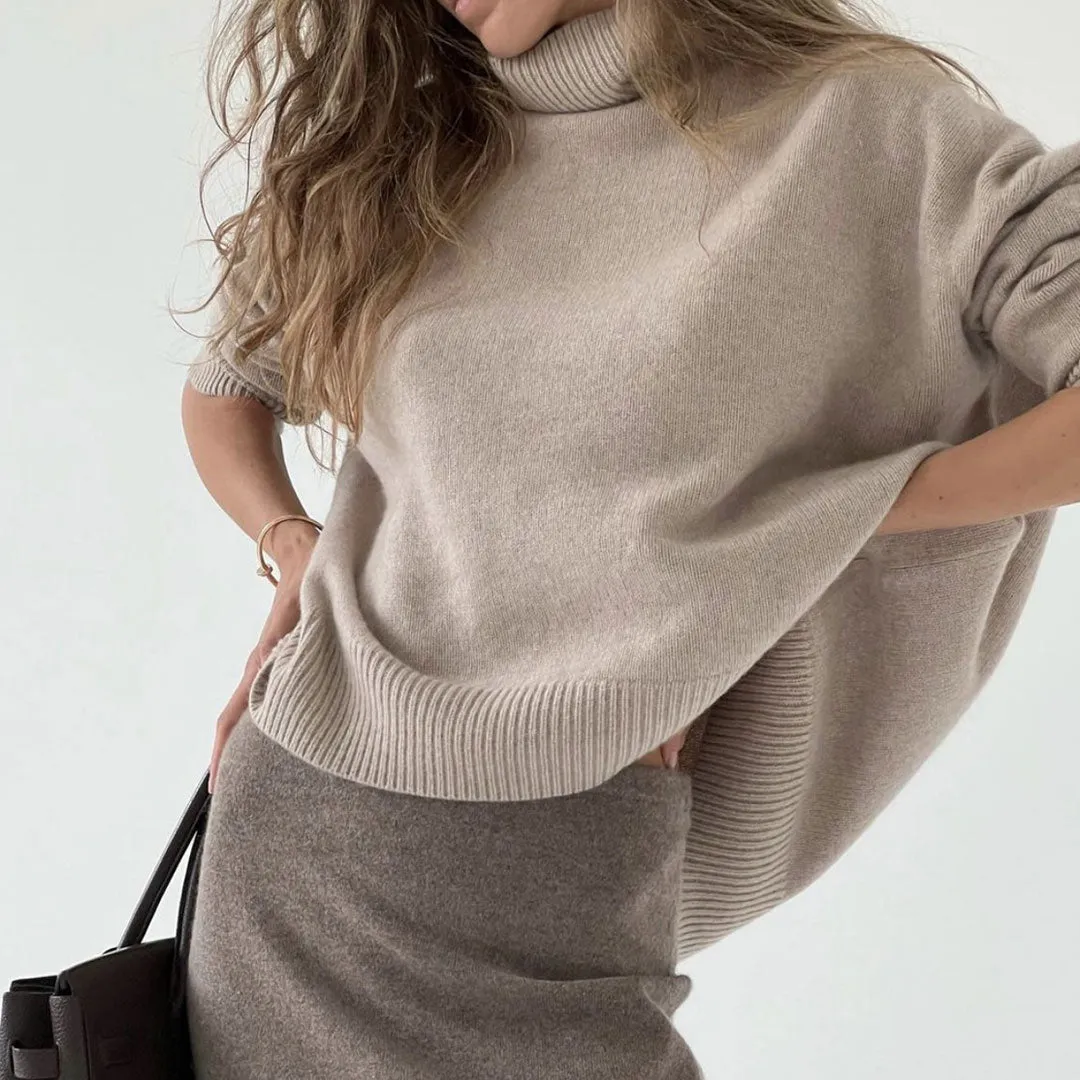 Asymmetric Rib Trim Turtleneck Long Sleeve Oversized Pullover Sweater - Camel